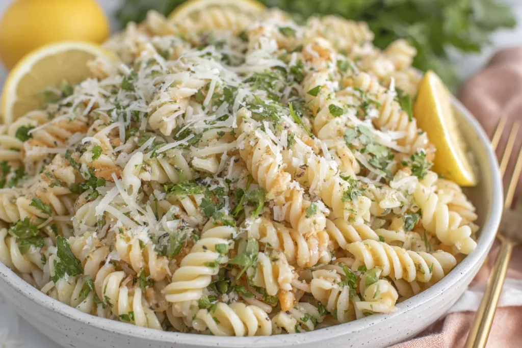 Lemon Parmesan Pasta Salad with rotini, fresh parsley, and grated Parmesan cheese in a rustic serving bowl