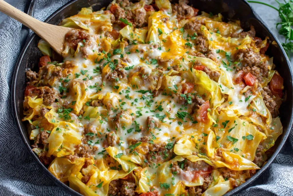 Low Carb Unstuffed Cabbage Casserole Recipe baked in a skillet with cabbage, beef, tomatoes, and melted cheese