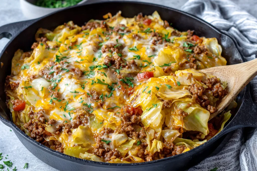 Low Carb Unstuffed Cabbage Casserole Recipe in a cast iron skillet with melted cheese and wooden spoon