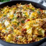 Low Carb Unstuffed Cabbage Casserole Recipe in a cast iron skillet with melted cheese and wooden spoon