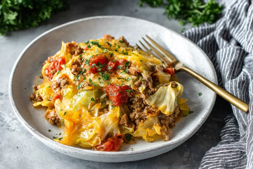Low Carb Unstuffed Cabbage Casserole Recipe served in a bowl with ground beef, melted cheese, and tomatoes