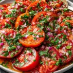 Marinated Tomatoes topped with parsley, basil, and red onion in a homemade Mediterranean salad