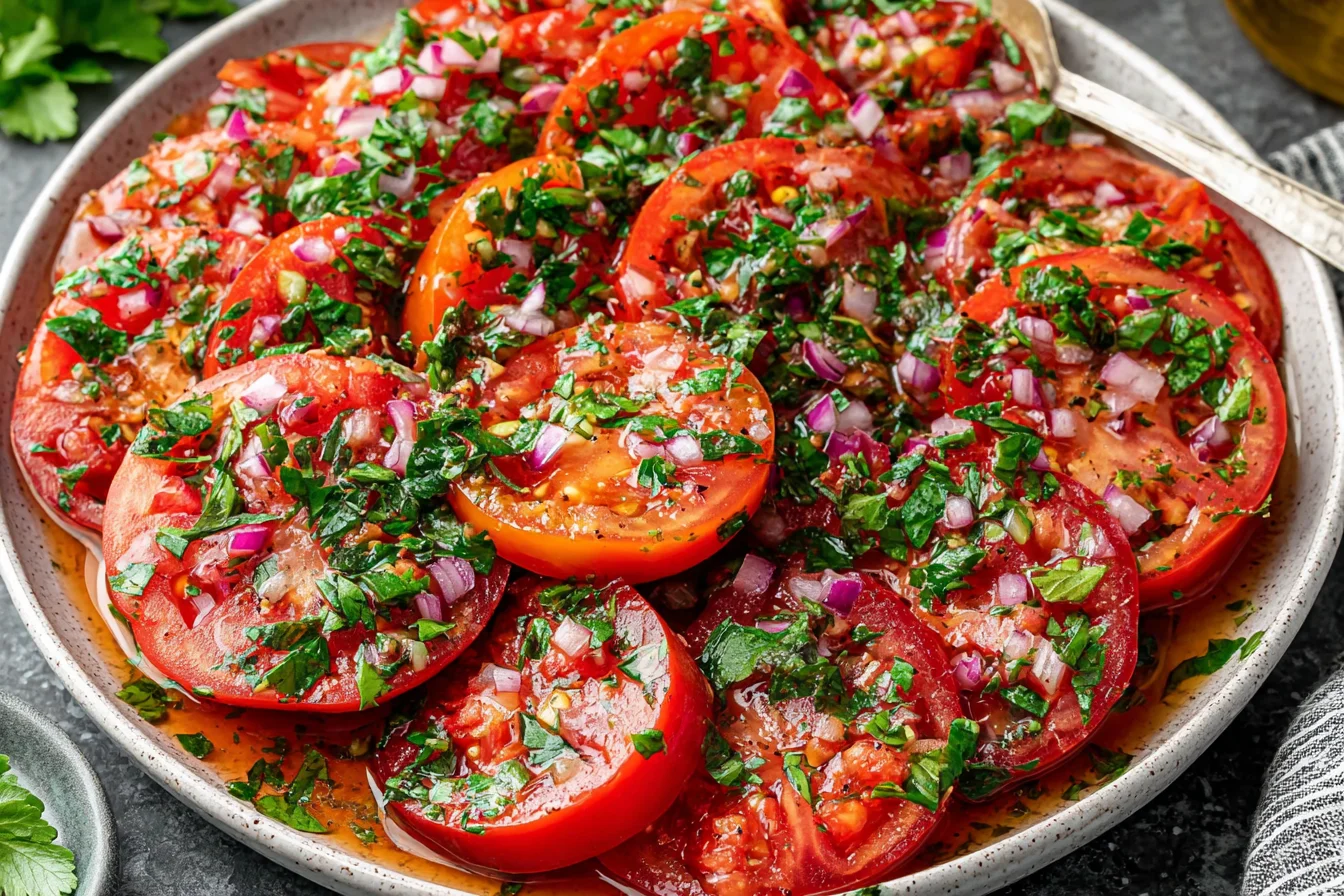 Marinated Tomatoes topped with parsley, basil, and red onion in a homemade Mediterranean salad