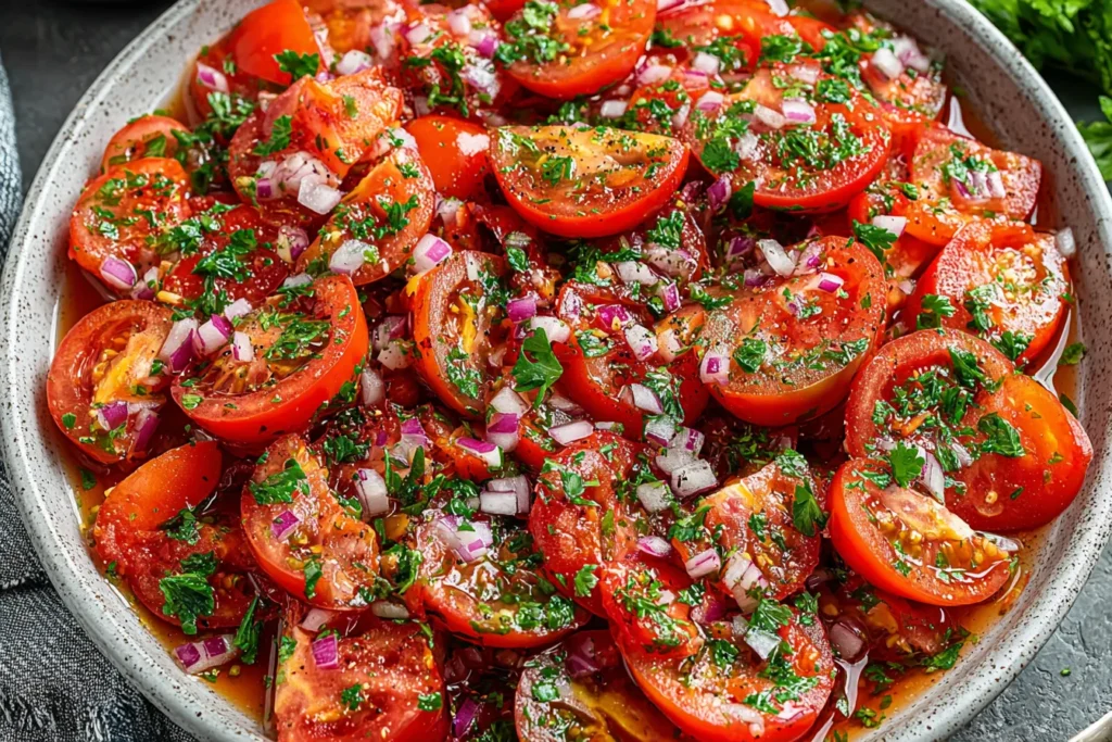 Marinated Tomatoes with fresh herbs, red onion, and olive oil in a rustic serving bowl