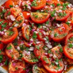 Marinated Tomatoes with fresh herbs, red onion, and olive oil in a rustic serving bowl