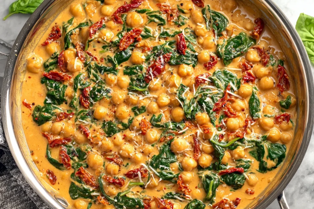 Marry Me Chickpeas Recipe with spinach, sun-dried tomatoes, and creamy garlic sauce in a skillet