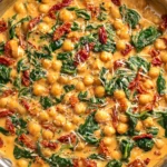 Marry Me Chickpeas Recipe with spinach, sun-dried tomatoes, and creamy garlic sauce in a skillet