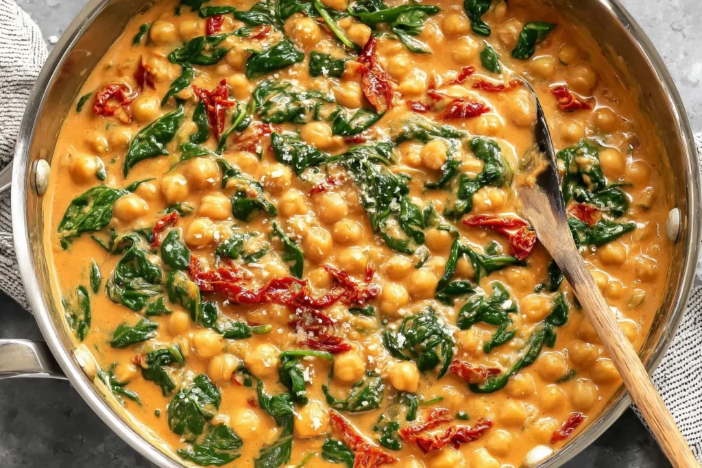 Marry Me Chickpeas Recipe in a creamy sun-dried tomato sauce with spinach and chickpeas in a skillet