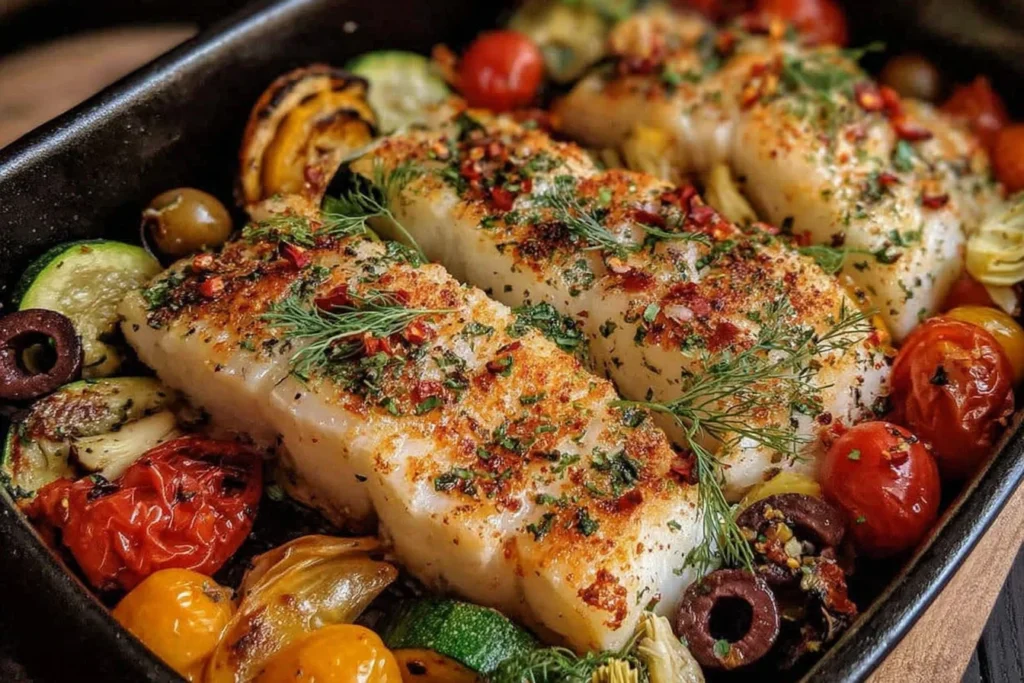 Mediterranean Baked Fish baked with cherry tomatoes, olives, zucchini, and herbs