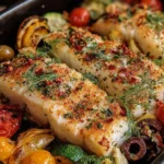 Mediterranean Baked Fish baked with cherry tomatoes, olives, zucchini, and herbs