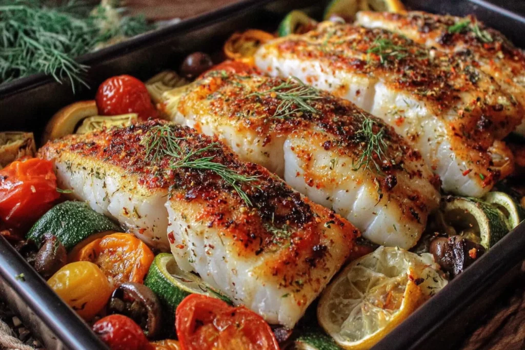 Mediterranean Baked Fish with roasted vegetables, lemon slices, and fresh dill in a baking dish