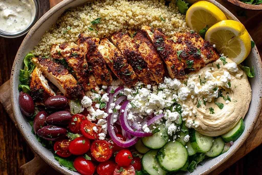 Mediterranean Chicken Bowl with grilled chicken, quinoa, fresh vegetables, hummus, and feta cheese