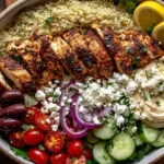 Mediterranean Chicken Bowl with grilled chicken, quinoa, fresh vegetables, hummus, and feta cheese