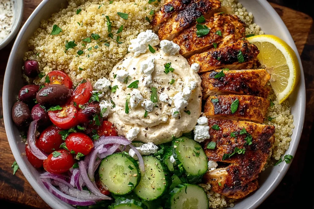 Mediterranean Chicken Bowl with sliced chicken, quinoa, cucumbers, tomatoes, hummus, and feta topping