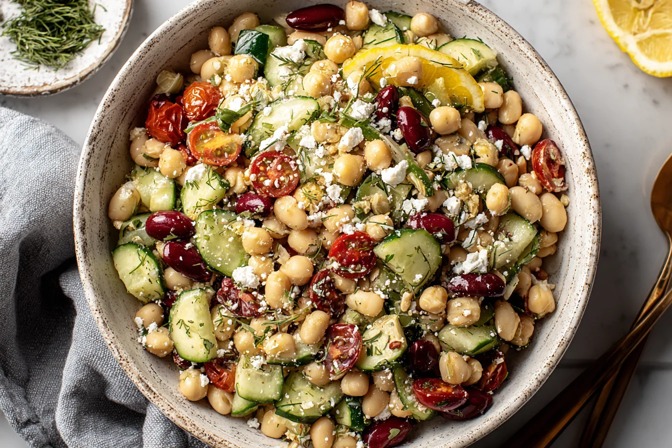 Fresh Mediterranean Three Bean Salad with cucumbers, feta, kidney beans, chickpeas, and lemon vinaigrette