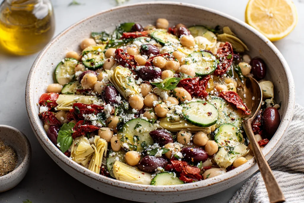 Mediterranean Three Bean Salad with chickpeas, kidney beans, cucumbers, sun dried tomatoes, and artichokes in a large serving bowl