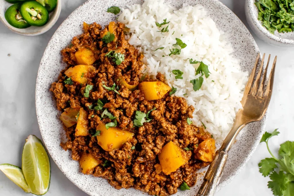 Mexican Picadillo served with white rice, lime wedges, and fresh cilantro