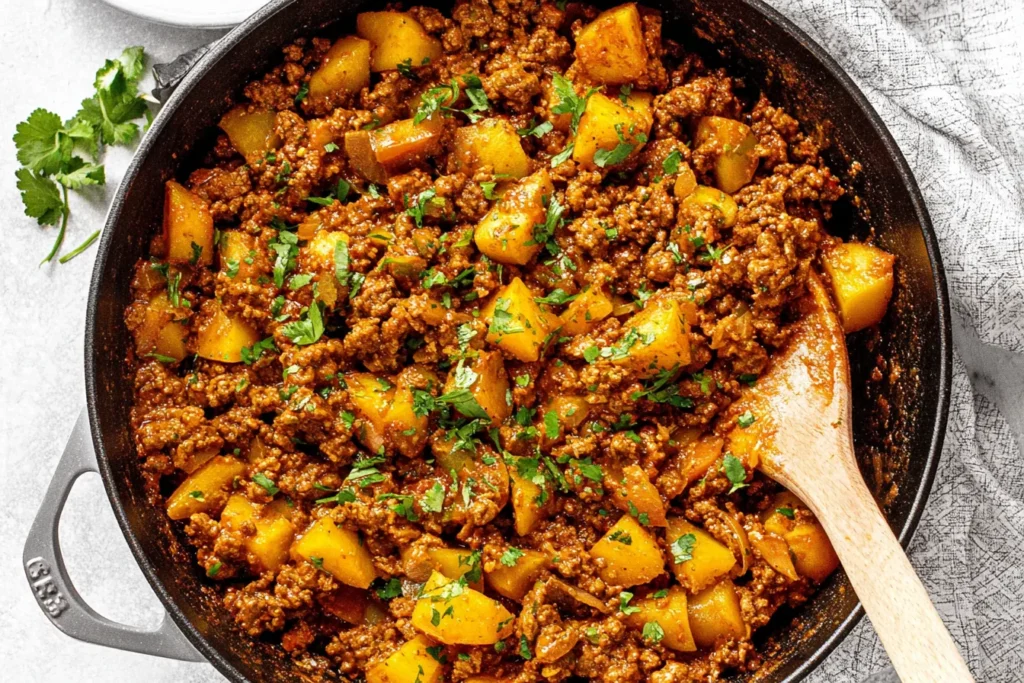 Mexican Picadillo skillet with seasoned ground beef and potatoes topped with fresh cilantro