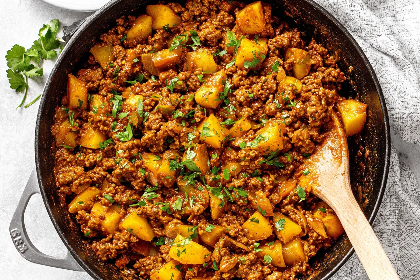 Mexican Picadillo skillet with seasoned ground beef and potatoes topped with fresh cilantro