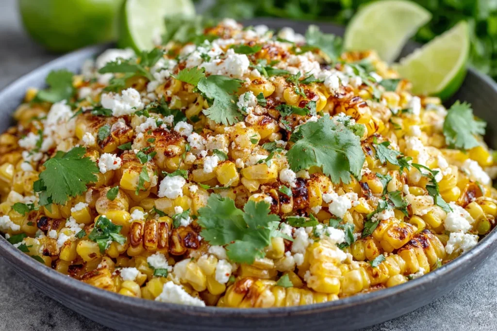 Mexican Street Corn Salad with charred corn, cotija cheese, cilantro, and lime wedges in a rustic bowl