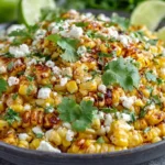 Mexican Street Corn Salad with charred corn, cotija cheese, cilantro, and lime wedges in a rustic bowl