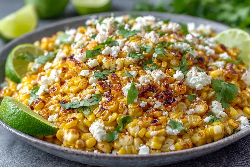 Mexican Street Corn Salad served with cotija cheese, roasted corn, cilantro, and fresh lime slices