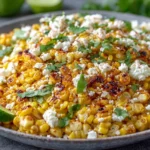 Mexican Street Corn Salad served with cotija cheese, roasted corn, cilantro, and fresh lime slices