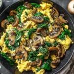 Skillet-style Mushroom Spinach Scrambled Eggs with sautéed mushrooms and spinach