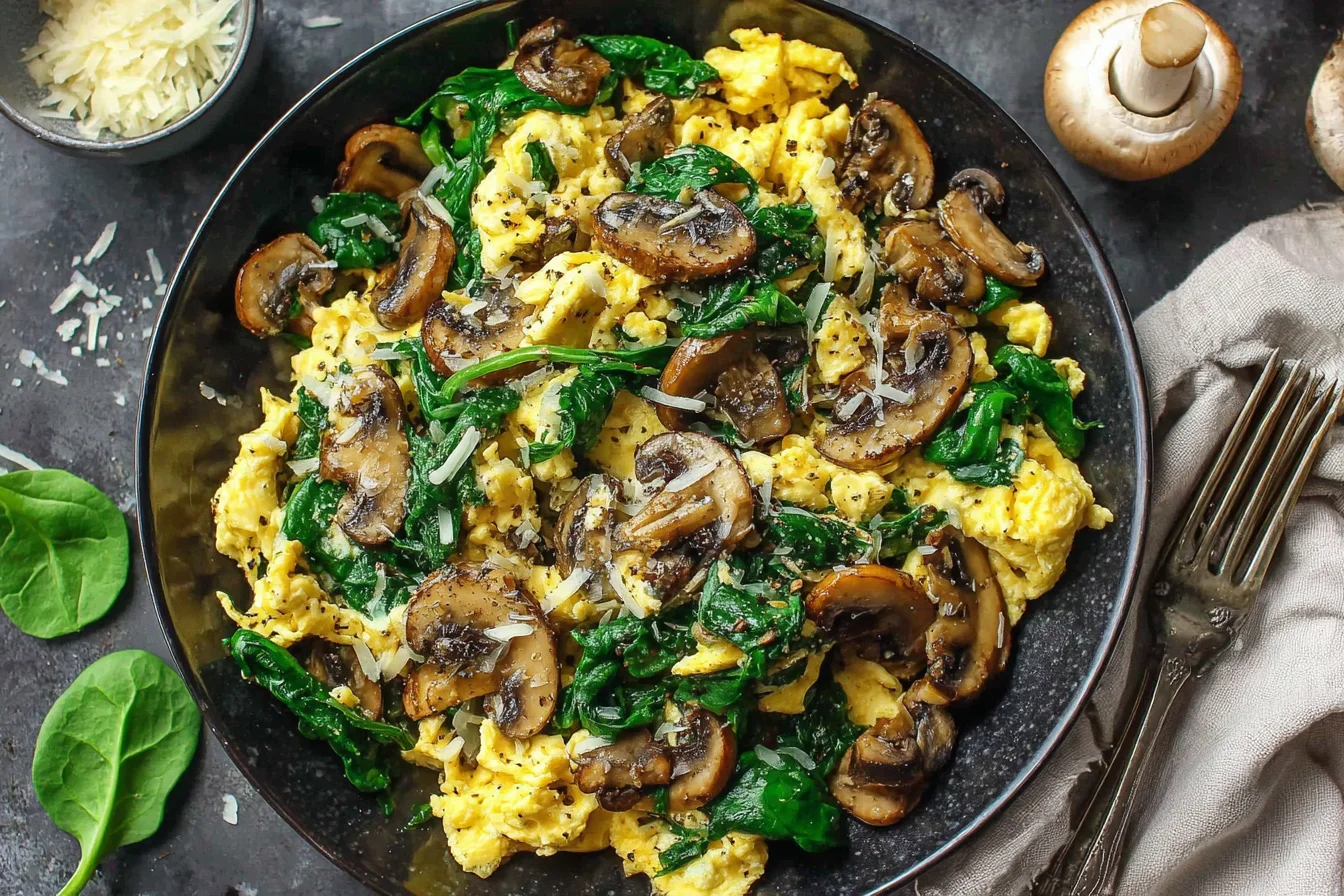 Skillet-style Mushroom Spinach Scrambled Eggs with sautéed mushrooms and spinach