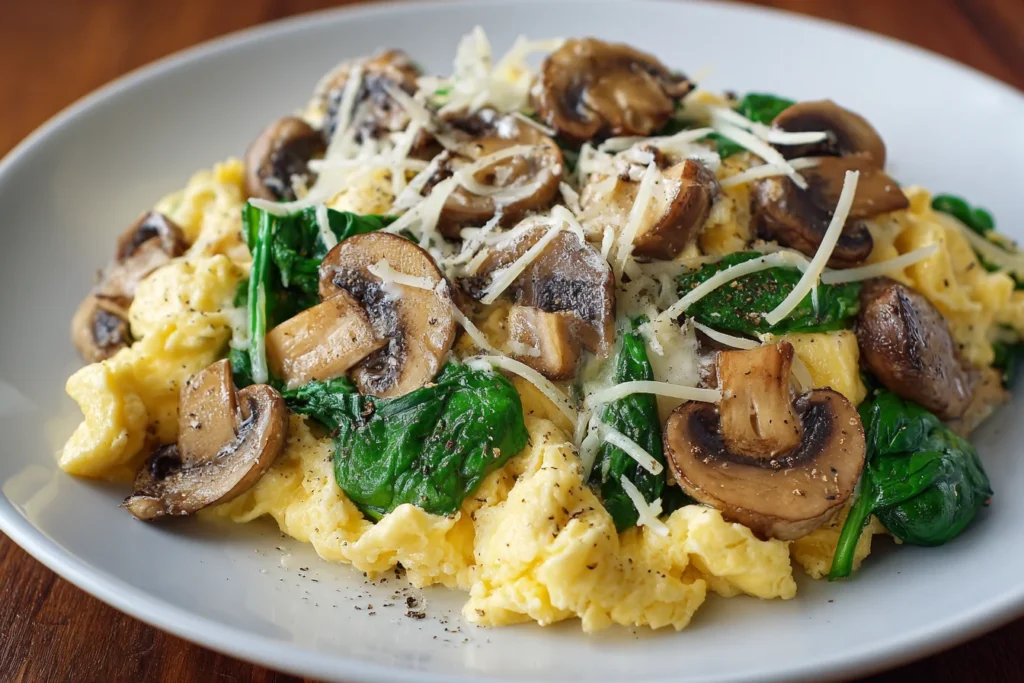Close-up of Mushroom Spinach Scrambled Eggs topped with parmesan cheese on a white plate