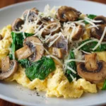 Close-up of Mushroom Spinach Scrambled Eggs topped with parmesan cheese on a white plate