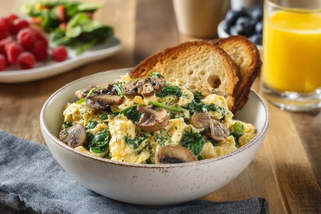 Mushroom Spinach Scrambled Eggs served with toast and orange juice for a healthy high-protein breakfast