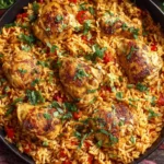 Close-up of Nando’s Portuguese Chicken and Rice with crispy chicken thighs, fluffy seasoned rice, and fresh parsley garnish