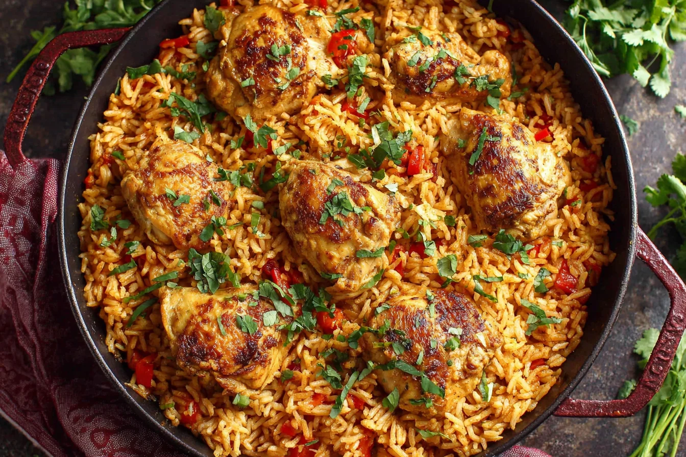 Close-up of Nando’s Portuguese Chicken and Rice with crispy chicken thighs, fluffy seasoned rice, and fresh parsley garnish