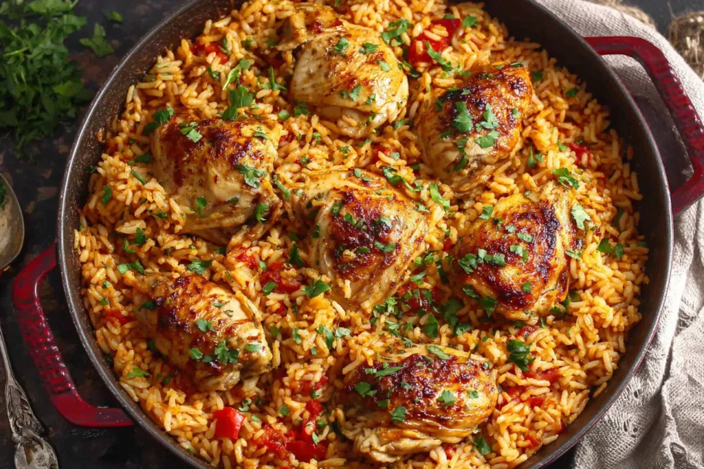 Nando’s Portuguese Chicken and Rice served in a one-pot skillet with golden chicken thighs and seasoned fluffy rice