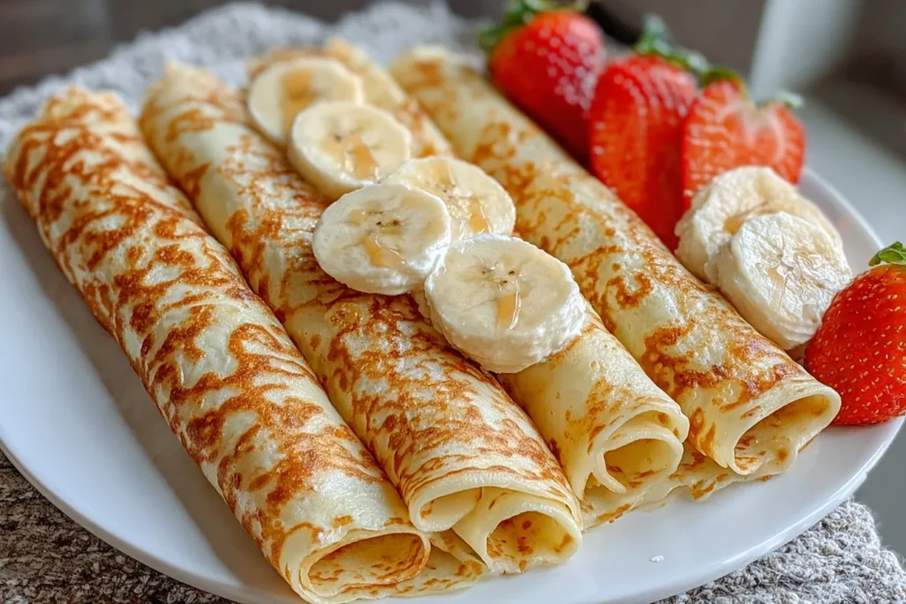 Healthy oatmeal crepes topped with banana slices and served with fresh strawberries