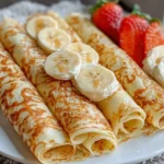 Healthy oatmeal crepes topped with banana slices and served with fresh strawberries