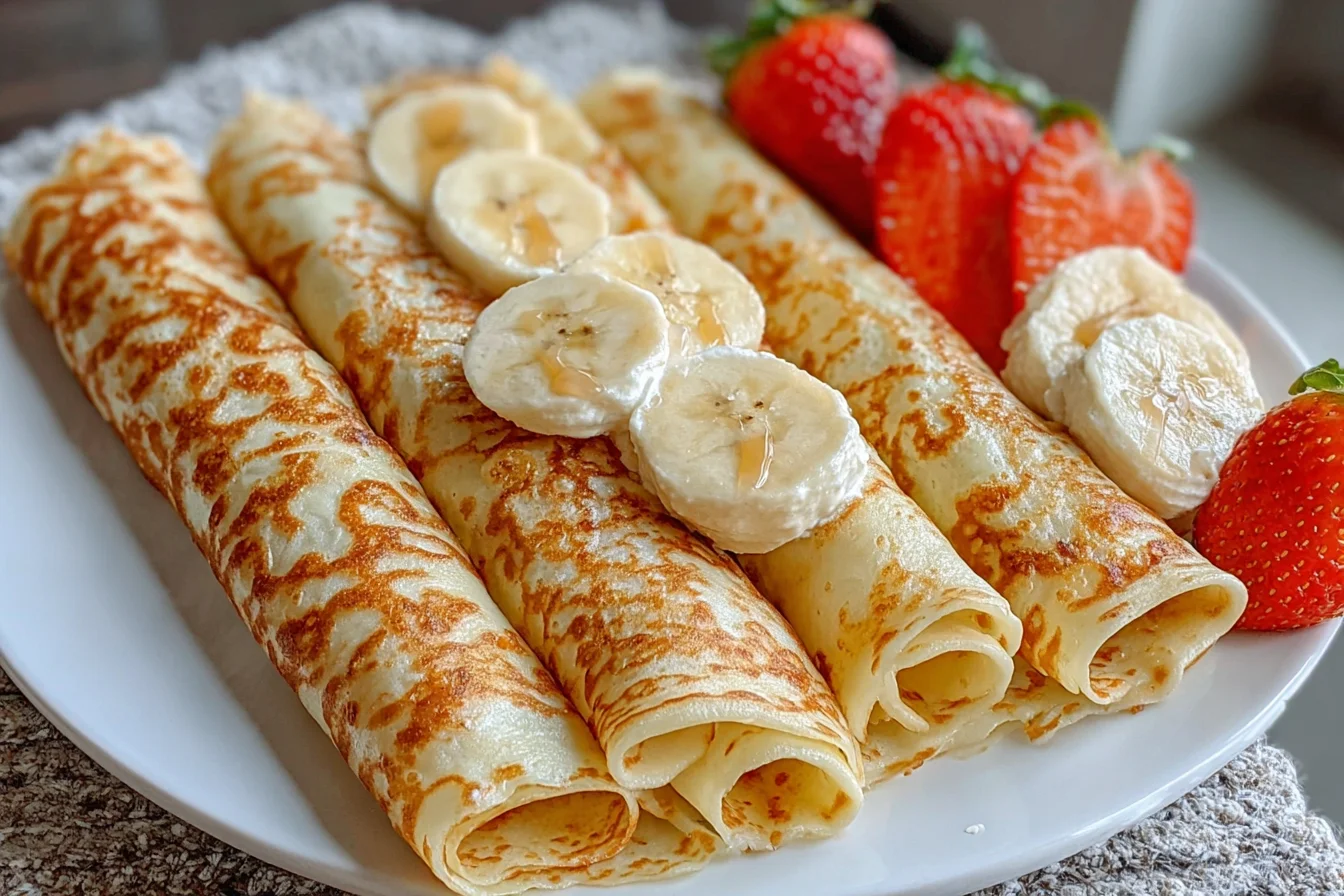 Healthy oatmeal crepes topped with banana slices and served with fresh strawberries