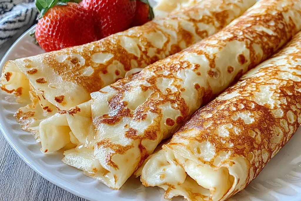 Freshly rolled oatmeal crepes with golden edges served with strawberries on a white plate