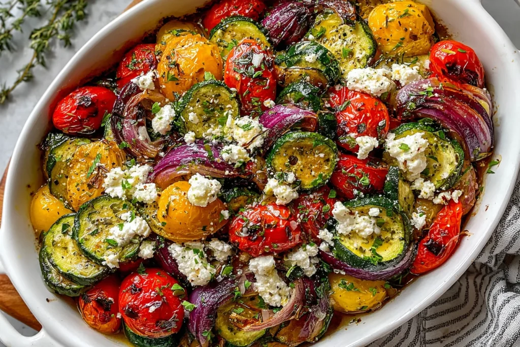One Pan Greek Vegetables Recipe served with roasted tomatoes, zucchini, red onions, and feta topping