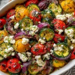 One Pan Greek Vegetables Recipe served with roasted tomatoes, zucchini, red onions, and feta topping