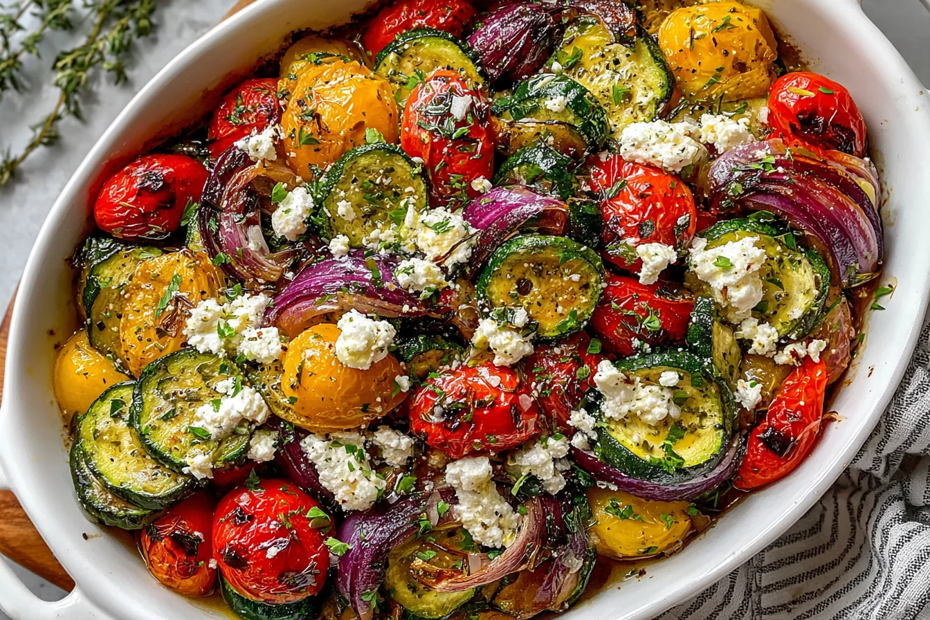 One Pan Greek Vegetables Recipe served with roasted tomatoes, zucchini, red onions, and feta topping