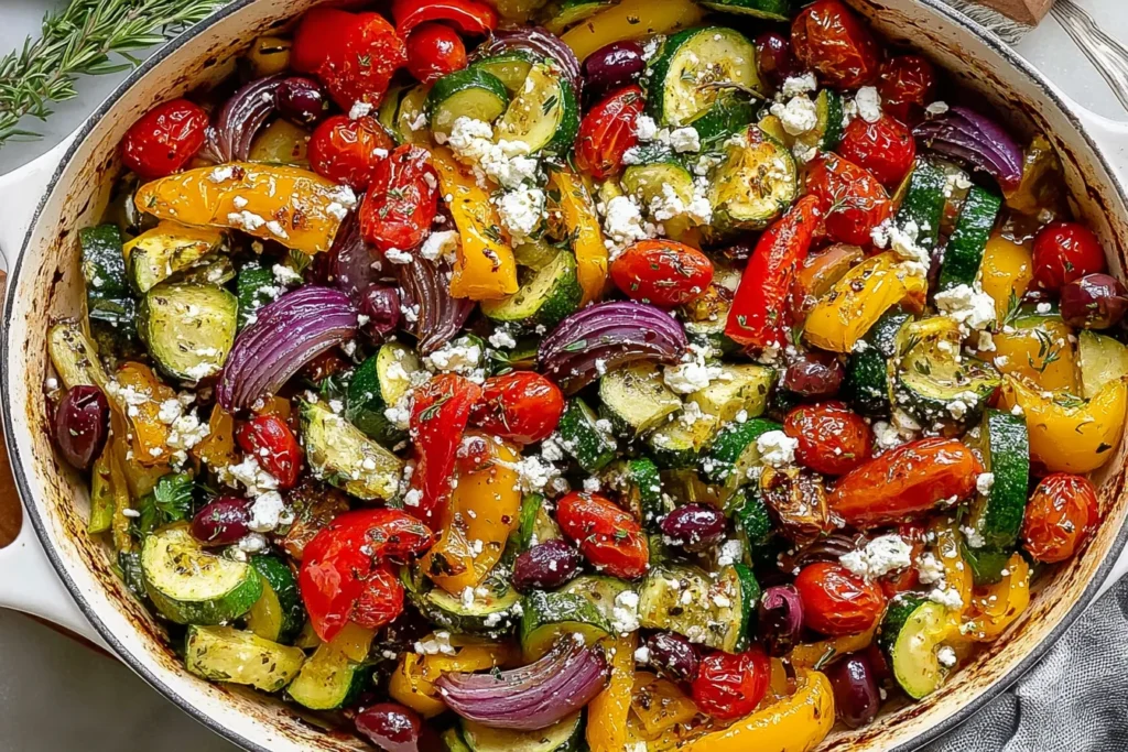One Pan Greek Vegetables Recipe with roasted zucchini, bell peppers, cherry tomatoes, olives, and feta cheese