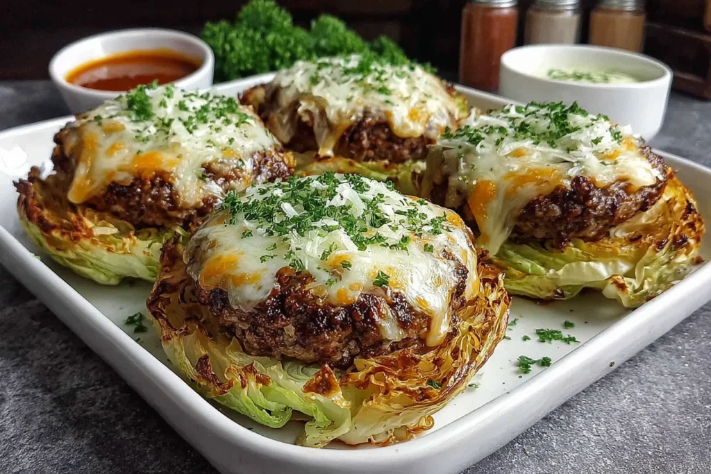 Oven-Baked Cabbage Burgers with crispy roasted cabbage and melted cheese served on a white platter