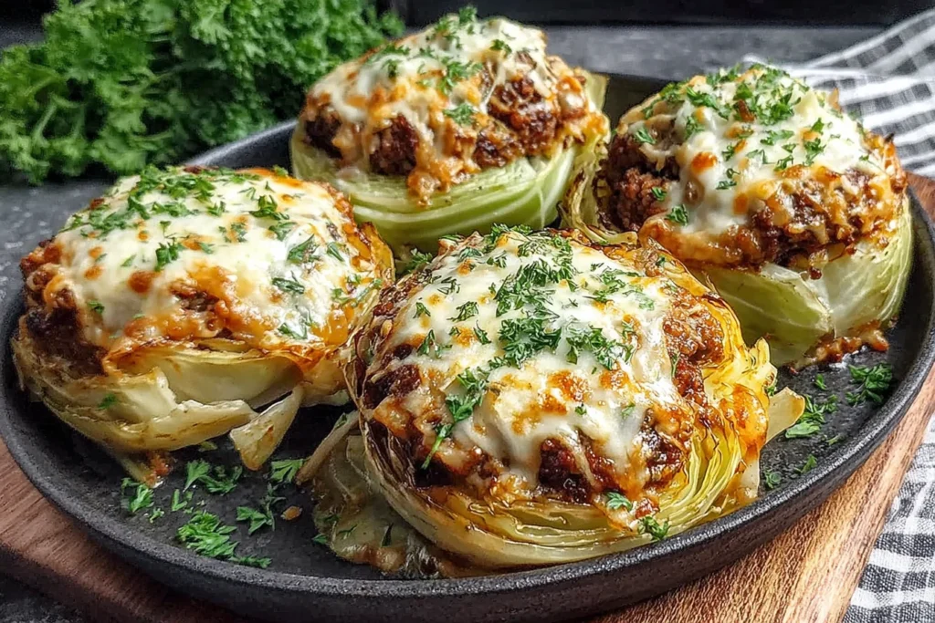 Oven-Baked Cabbage Burgers topped with melted cheese and herbs on a black serving plate