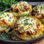 Oven-Baked Cabbage Burgers topped with melted cheese and herbs on a black serving plate