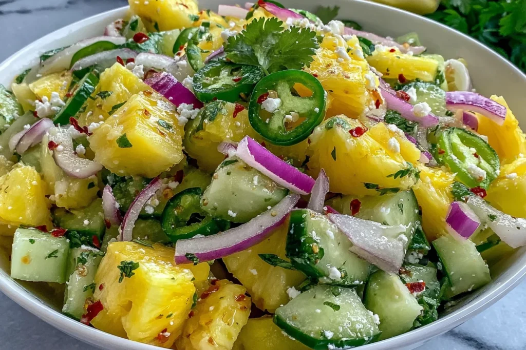 Refreshing Pineapple Cucumber Salad with pineapple chunks, cucumber, feta cheese, and jalapeño slices