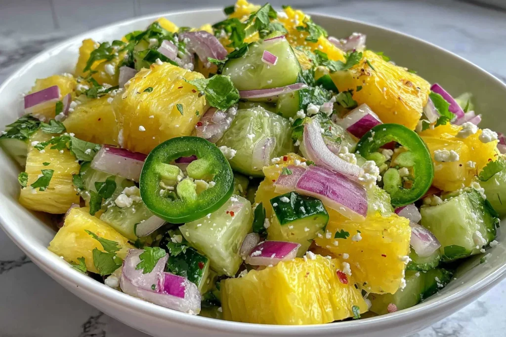 Pineapple Cucumber Salad with feta, red onion, cilantro, and fresh jalapeño in a white bowl