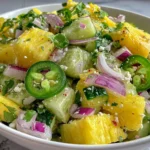Pineapple Cucumber Salad with feta, red onion, cilantro, and fresh jalapeño in a white bowl