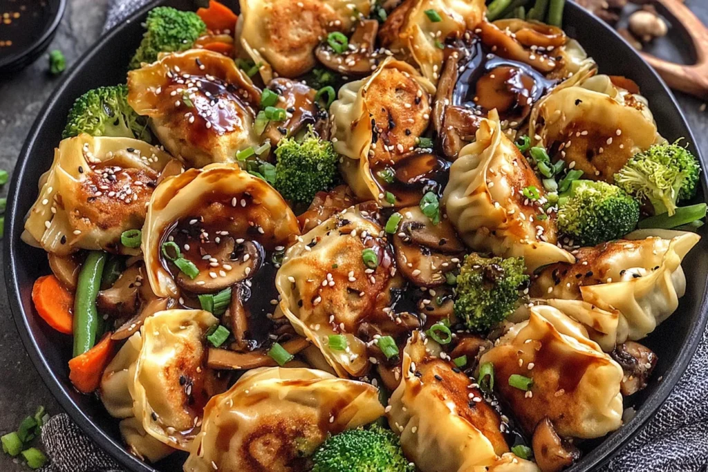 Potsticker Stir Fry topped with sesame seeds, green onions, broccoli, and mushrooms in savory stir fry sauce